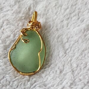 Seaglass Pendant Turquoise Wrapped In Gold Wire Handmade